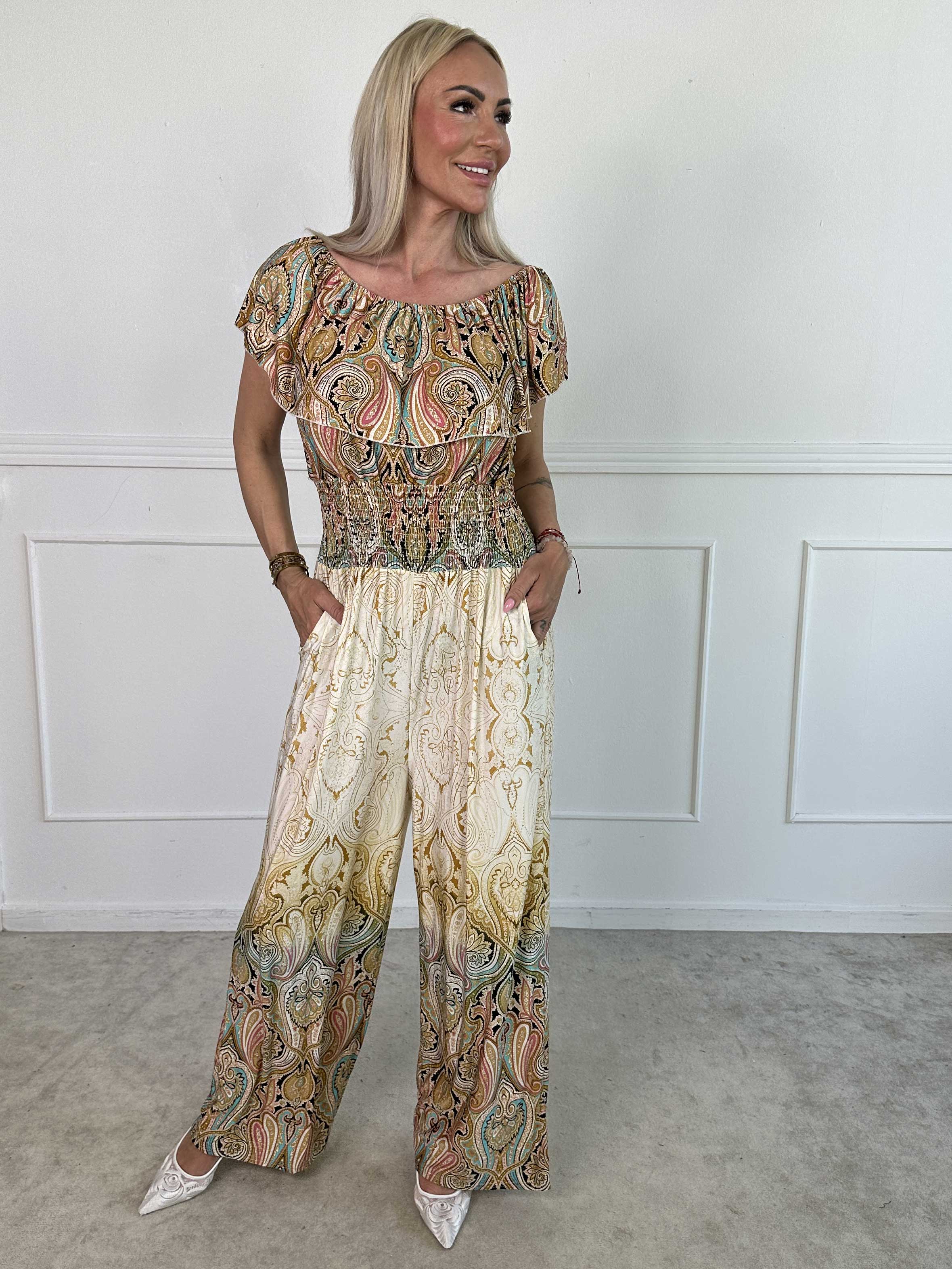 Pams Paisley Frill Jumpsuit - Elastisk buksedragt med smock og flæse